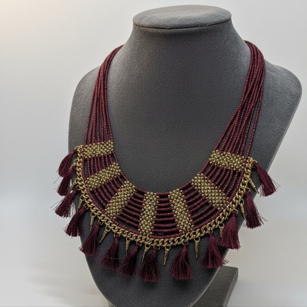Handmade Maroon & Gold Woven Bib Choker - Bohemian Tassel Statement Piece